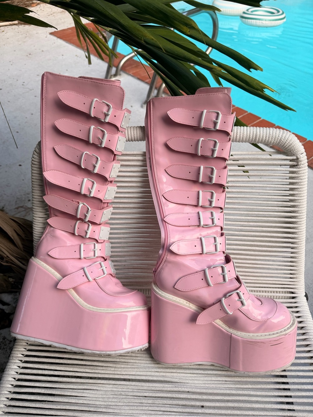 Dolls Kill holographic Pink Buckle Platform Rave Boots